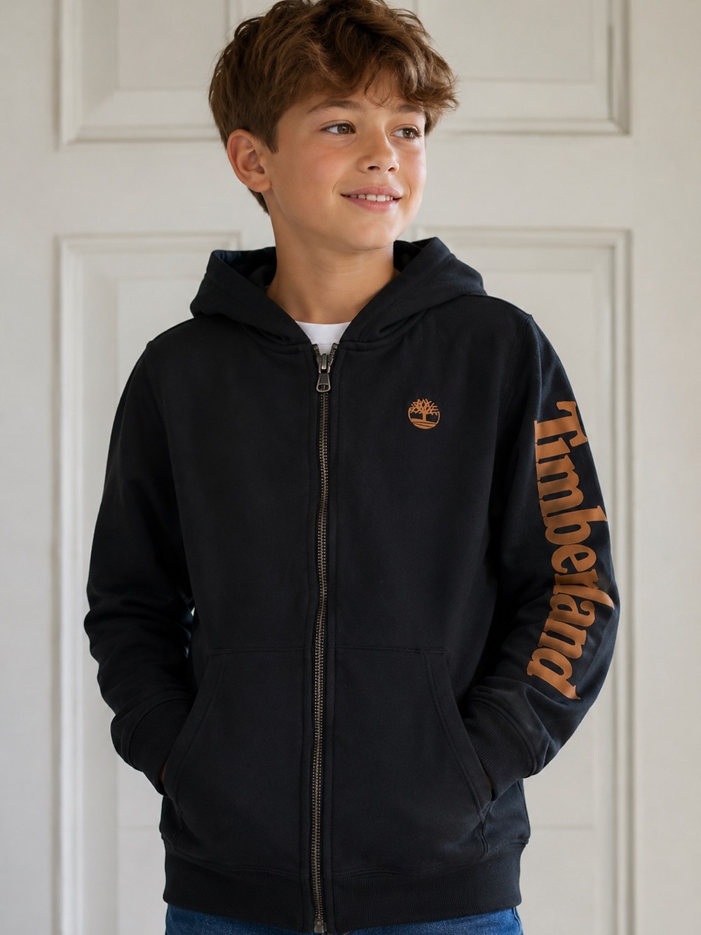 Timberland Black Hoodie with Tan Logo and Sleeve Script